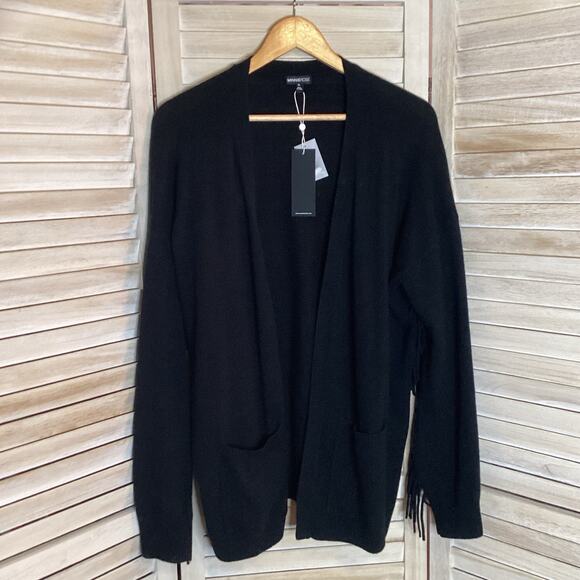 Minnie Rose 100% Cashmere Black Fringe Trim Open Cardigan XL NWT - Picture 1 of 11